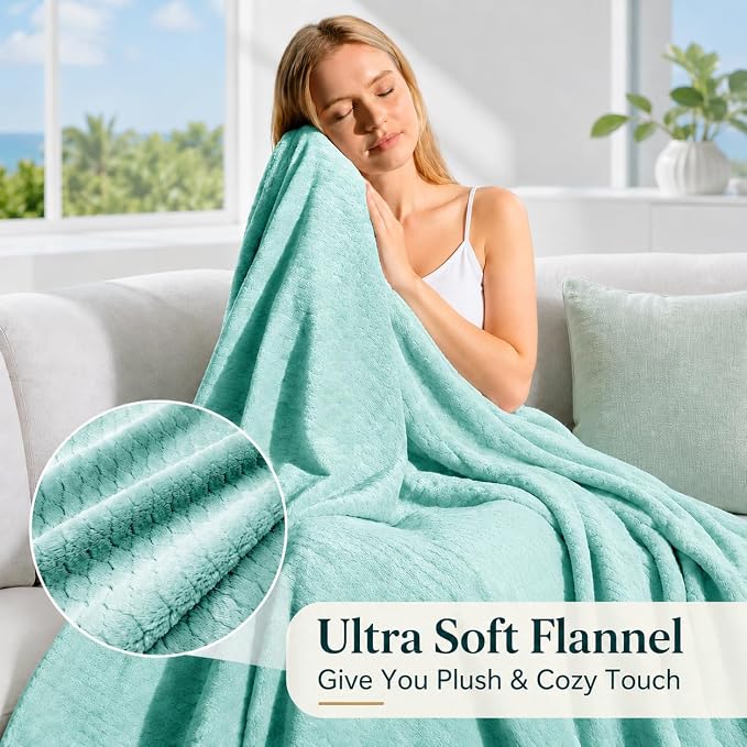 Hoomly Soft Mint Throw Blanket 60x80 Breathable Fleece for AC Rooms | 300GSM Flannel Feel, Single Layer 3D Jacquard, Sofa Bed Office Car Travel, Fresh Pastel Decor, Low Shed, Machine Washable