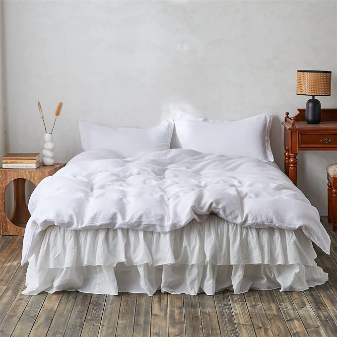 BISELINA White Ruffled Bed Skirt 22-Inch Tailored Drop Cotton Voile Dust Ruffle Soft Cozy Elegant Luxurious Bedding (22" Queen, White)