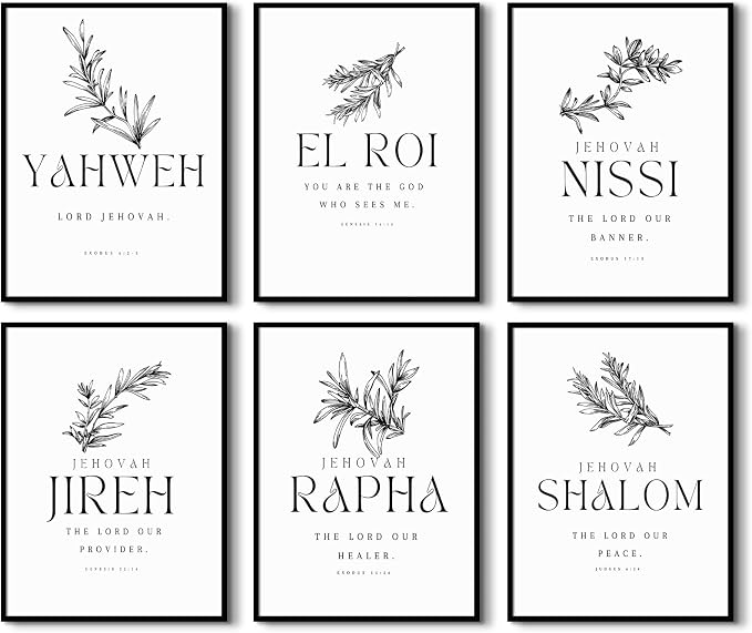Christian Hebrew Names of God Wall Art Bible Verse Scripture Canvas Wall Decor Art Minimalist Jesus Pictures Modern Christian Poster Artwork Bible Verse Prints for Room 8x10 Inch Unframed Set of 6