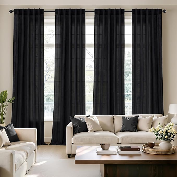 MIULEE Black Back Tab Linen Curtains 4 Panels 42W x 102L | Linen material, light filtering, rod pocket back tab hanging, farmhouse decor for living room bedroom