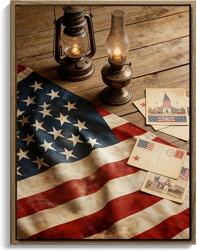 American Flag Framed Canvas Wall Art, 4th of July Patriotic Canvas Prints | USA Flag with Picture Poster Print, Modern Independence Day Wall Decor for Bedroom Living Room Office 16×20in