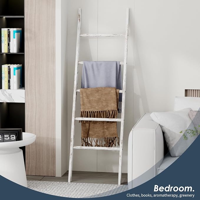 5-Tier Blanket Ladder Wooden, 5.3FT(63'') Blanket Quilt Holder Rack Decorative Ladders, Easy Assembly, Rustic Farmhouse Ladder Shelf for The Living Room Bedroom Bathroom Home Decor, White Wash
