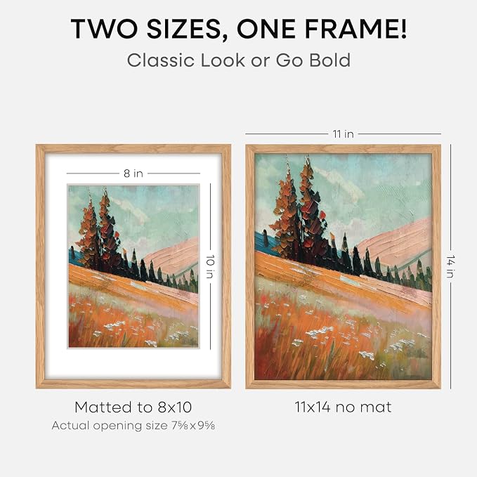 Homeforia 11x14 Natural Oak Picture Frame, High-End Wood, 8x10 Mat, Glass
