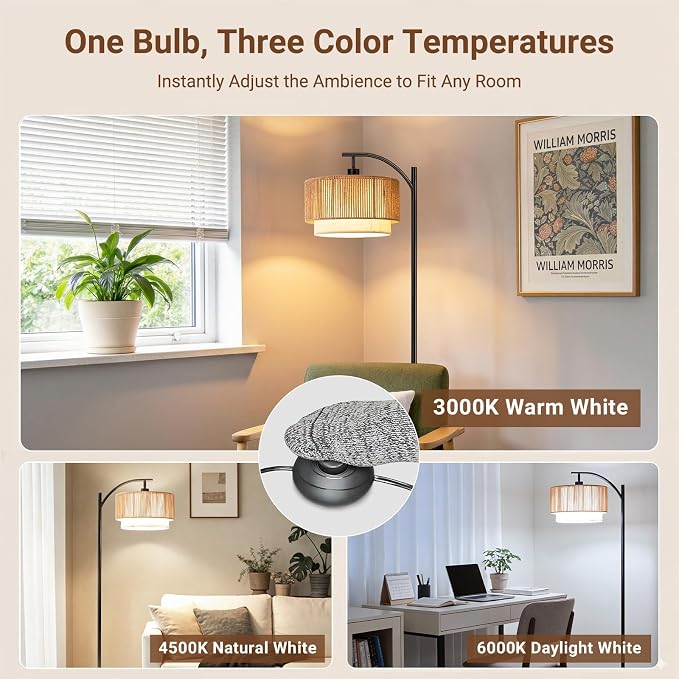 TJOY Arc Floor Lamp for Living Room, Boho Rattan & Fabric Shades