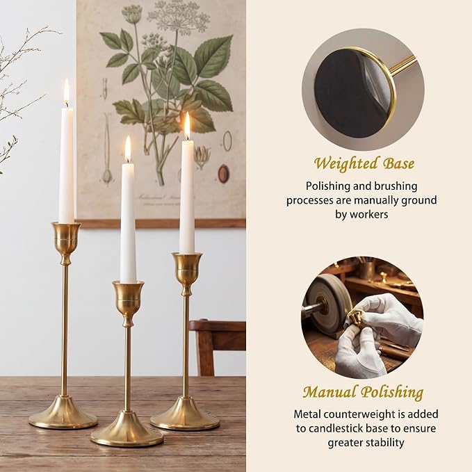 Gold Candlestick Holders Set of 6 Weighted Stable Base | Metal Taper Candle Holders in Brass, Vintage Modern Decorative Centerpiece for Weddings, Dining, Parties, Anniversary