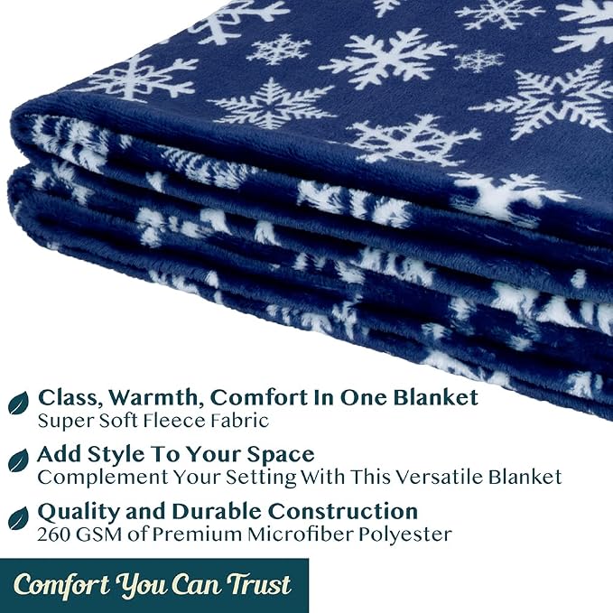 PAVILIA Christmas Throw Blanket | Navy Snowflake Christmas Fleece Blanket | Soft, Plush, Warm Winter Cabin Throw, Twin 60x80 (Navy/White Snowflake)