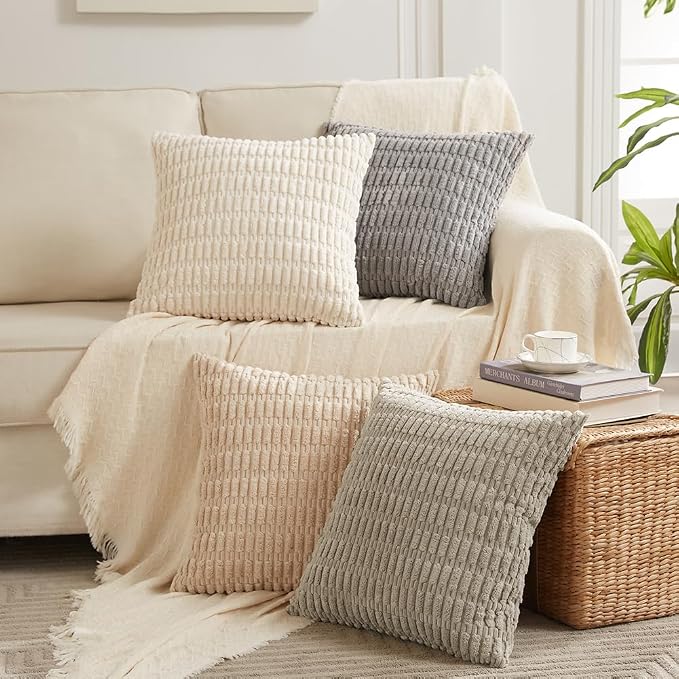 Fancy Homi 4 Packs Decorative Throw Pillow Covers for Living Room Couch Bed, Modern Farmhouse Boho Home Décor Accent Cushion Case, 20" x 20", Cream