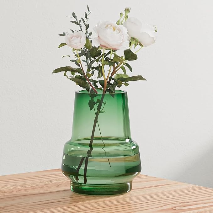 Relexome Green Glass Flower Vase for Centerpieces Bouquet Flowers Modern Wide Mouth Glass Vase Decorative Bud Vases for Home Decor, Living Room, Kitchen, Dining Table, Entryway 7.3 Inch