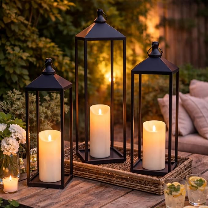 22'' 19'' 17'' Lanterns Decorative Outdoor Indoor, Set of 3 Floor Lanterns | Outdoor Lanterns with Candles, Glass-free Modern Farmhouse Lanterns for Room, Porch, Mantle, Patio, Garden