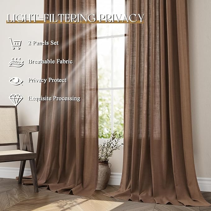 Jowels Caramel Brown Linen Curtains 96 Inch Long 2 Panels for Living Room | Light Filtering Semi Sheer Curtain, Back Tab Pocket Pleated Look, Boho Farmhouse Textured Privacy Drapes for Bedroom Window