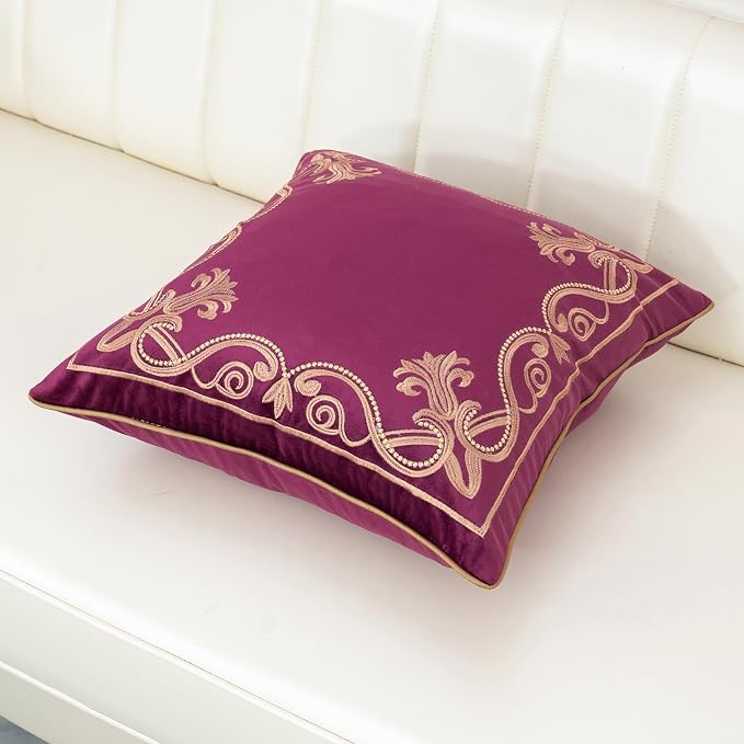 Aeckself Floral Pillow Cover 20x20 Inch, Luxury Velvet Embroidered Decorative Accent Throw Pillow Cover for Couch Bedroom Living Room, Burgundy Red and Gold, Yw-OBYG-Red5050
