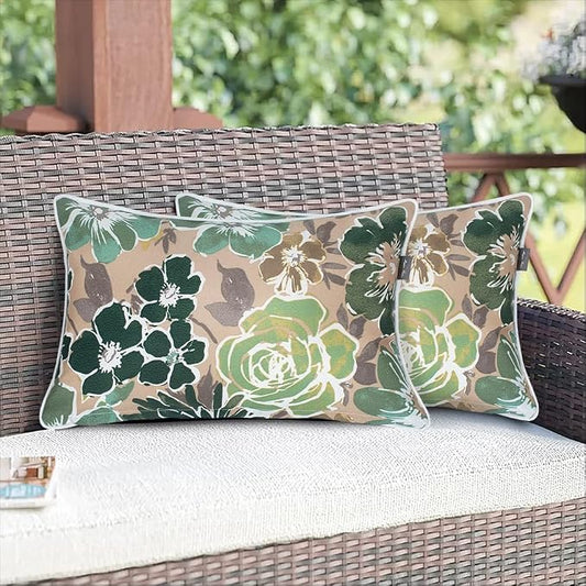 Magpie Fabrics Patio Lumbar Pillow Covers ONLY 20"x12", Set of 2, Outdoor Indoor Cushion Cases Decorative Throw Rectangular Pillowcase Shell for Couch Garden - Green Floral