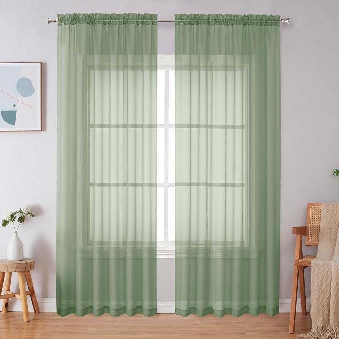 Sage Green Sheer Curtains 90 Inch Rod Pocket Light Filtering 2 Panels