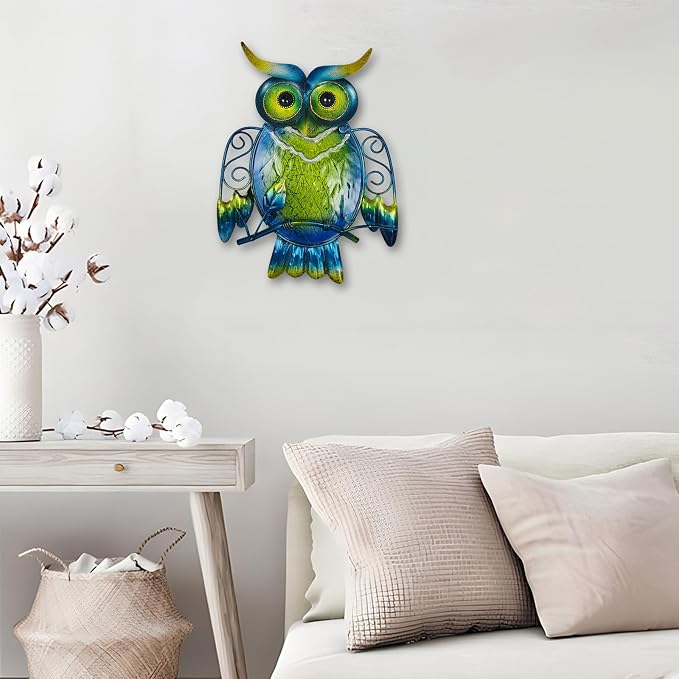 LIFFY Cute Metal Owl Wall Decor - Unique Outdoor Wall Art Decoration - Glass Hanging Wall Owl Decor Brighten Up Patio, Porch or Door, Garden Decoration, Birthday Gift Ideas