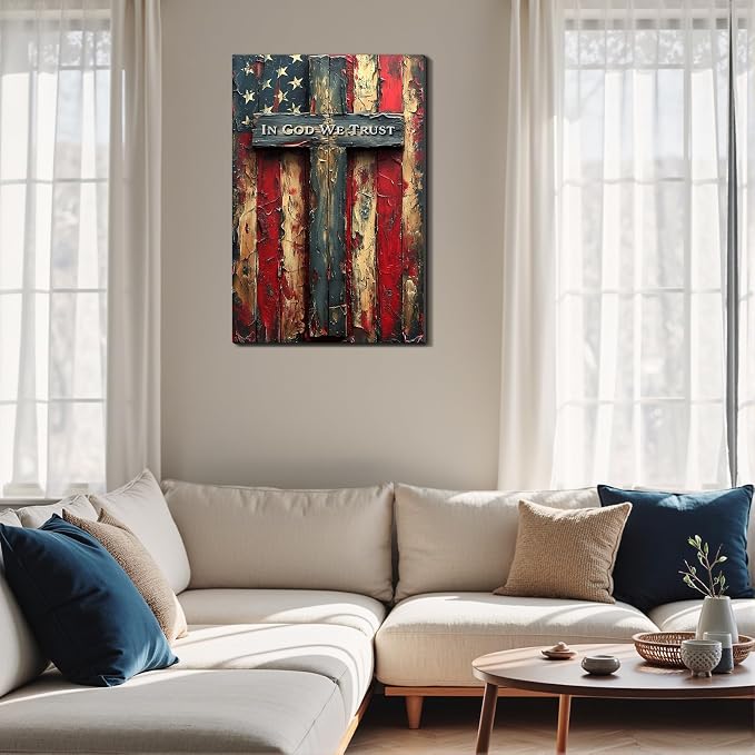 Framed Vintage Cross American Flag Wall Art, Patriotic Rustic Canvas Art Pictures, USA Flag Wall Decor, Made in USA Ready to Hang for Living Room Garage