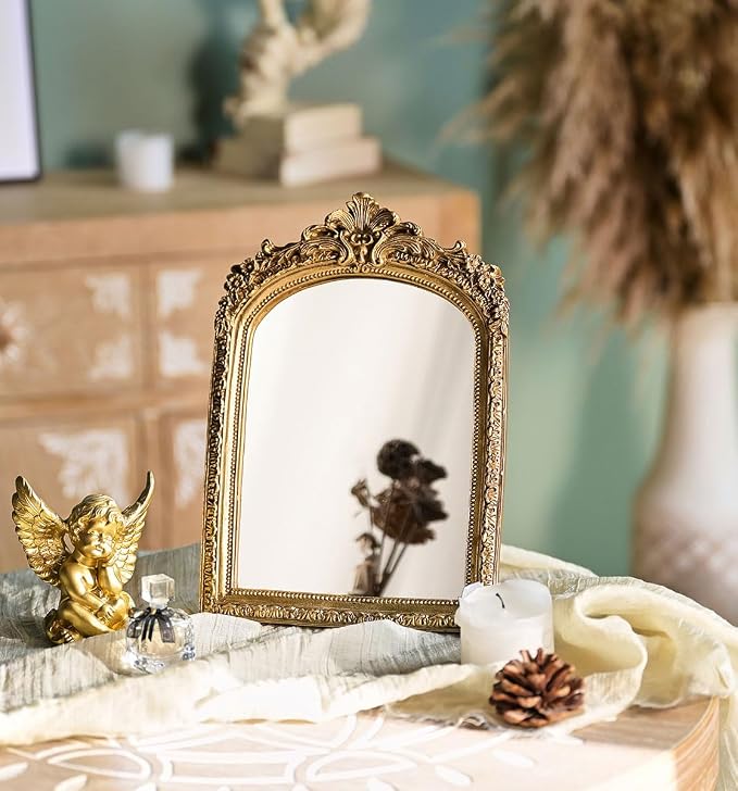 HSDDHOME Small Gold Vintage Vanity Desk Makeup Mirror Antique Decorative Wall Mirror,Resin Carved Arch Table Mirror with Stand for Living Room,Bedroom Dresser,Desktop Decor 10.2" x 7" ﻿