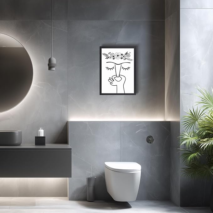 LLEEMPI Funny Pinching Nose Floral Bathroom Wall Art,16x24 Framed Print | Black and white minimalist line art with playful bathroom humor for restroom, office or hallway; a unique housewarming gift.