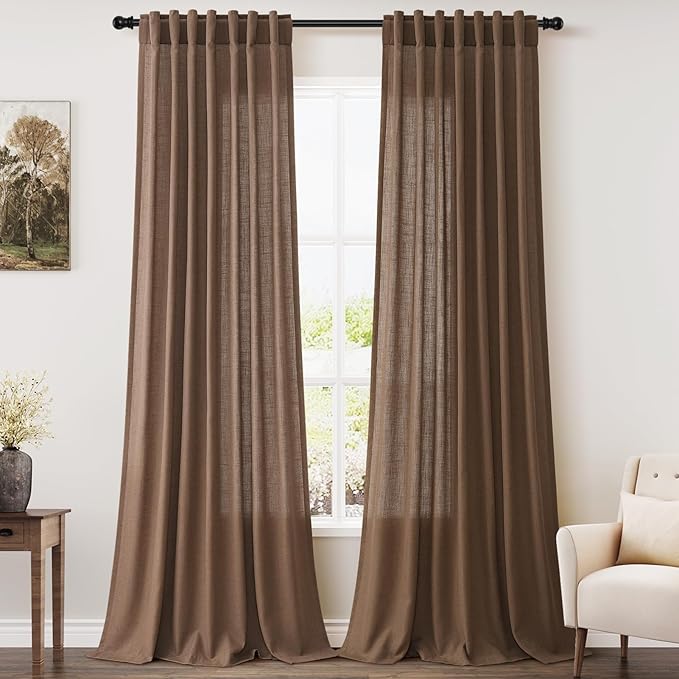 Caramel Brown Linen Curtains for Living Room 95 Inches Long Back Tab and Rod Pocket Light Filtering Semi Sheer Vintage Rustic Curtain Luxury Boho Decor Drapes for Bedroom Office 52x95, 2 Panels