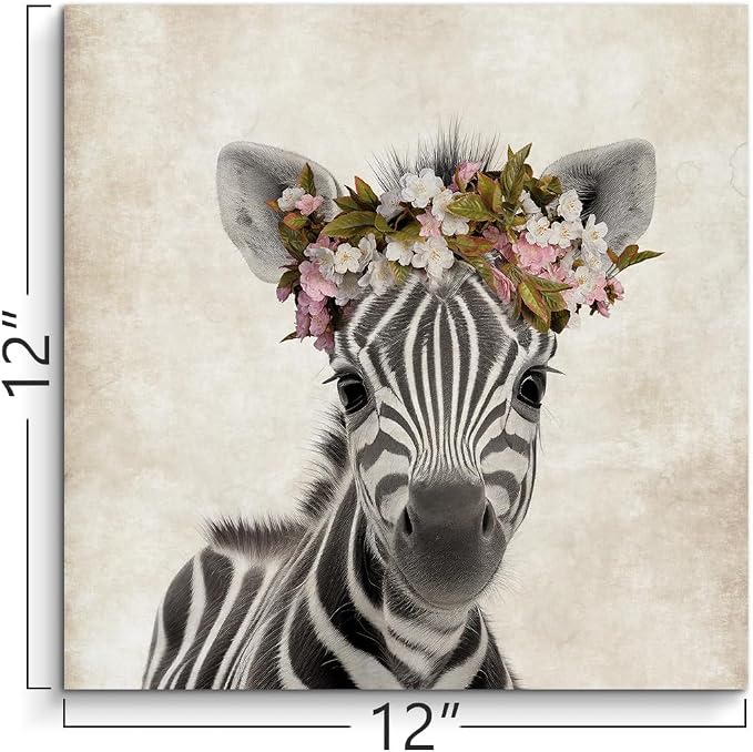 Framed Baby Nursery Wall Art Decor Cute Zebra with Garland Pictures Painting Retro Zebra Portrait Artwork Cute Safari Animals Prints for Kids Playroom Decoration Gifts for Boys Girls 12x12inch