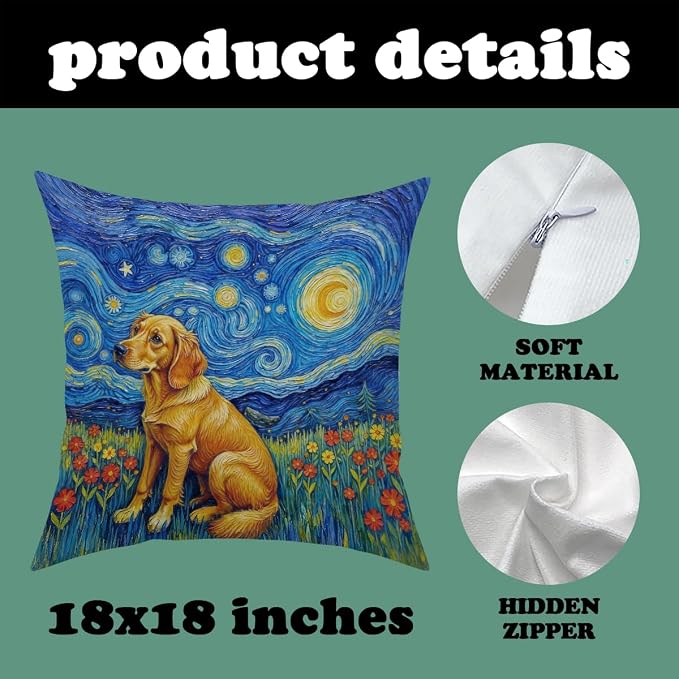 Fokongna Decorative Pillow Covers Vincent Van Gogh's The Starry Night, with a Golden Retriever in a Grassy Field Full of Blooming Flowers for Couch Home Bedroom Living Room 18 x 18 Inch Pillow Covers