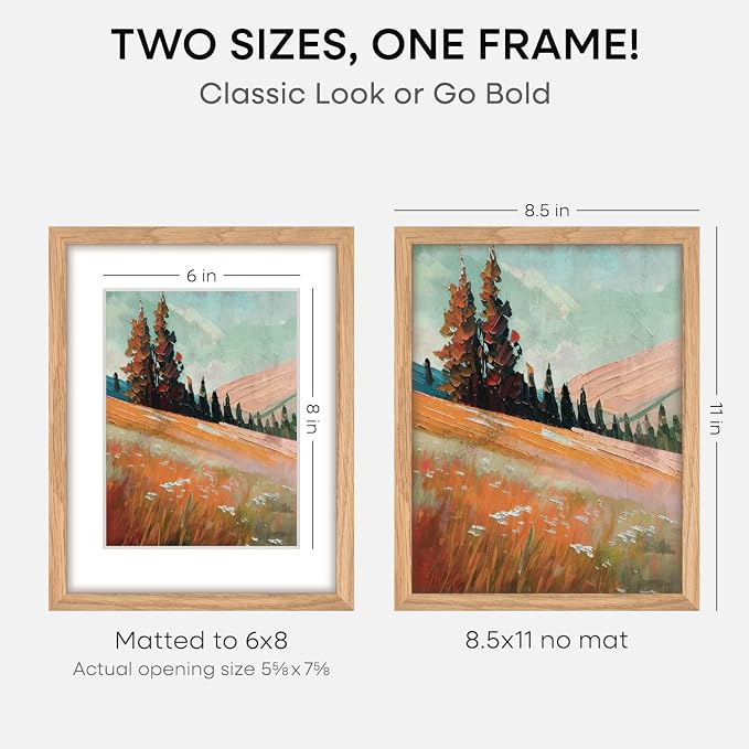 Homeforia 8.5x11 Natural Oak Picture Frame, High-End Wood, 6x8 Mat, Glass