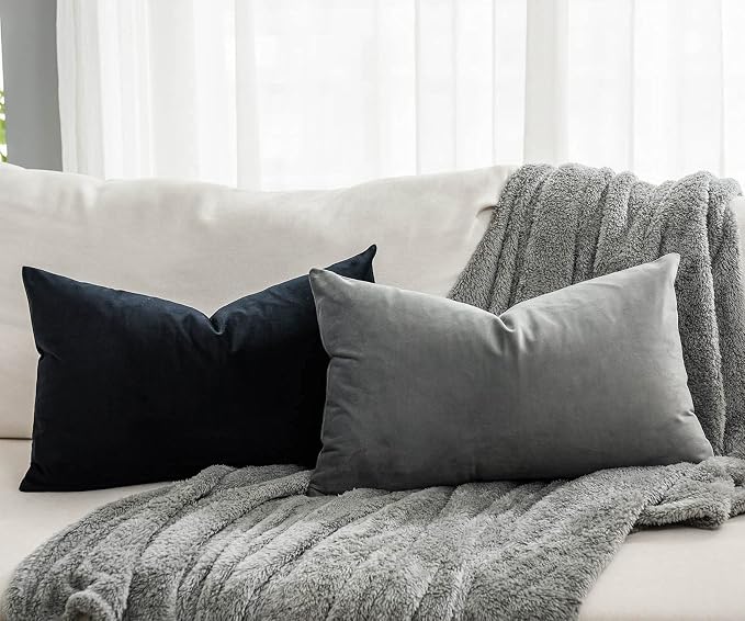 Black Decorative Lumbar Velvet Throw Pillow Covers 12x20 inch Set of 2 with Zipper Luxury Soft Solid Rectangle Cushion Covers Case for Sofa Couch Bed Living Room