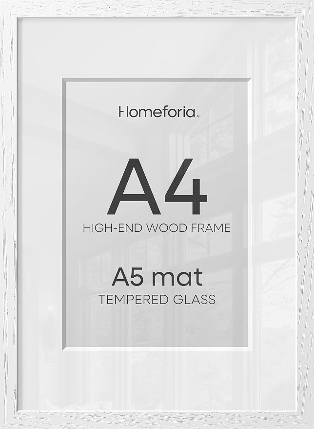 Homeforia A4 White Oak Picture Frame, High-End Wood, A5 Mat, Glass