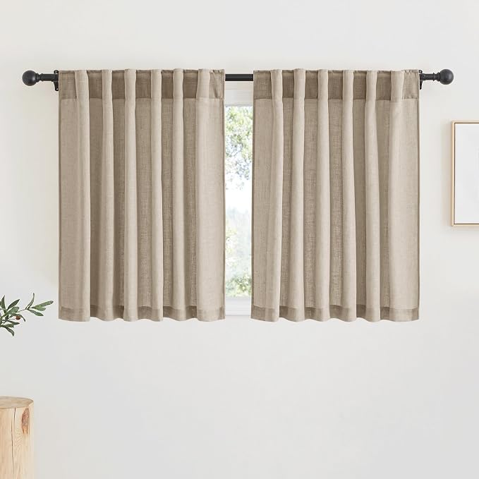 RYB HOME Linen Semi Sheer Kitchen Curtains Over Sink 36 inches Length | Light Filtering, Half Privacy, Breathable Airy, Short Tiers for Cafe Bathroom RV Camper, W52 x L36, Khaki, 2 Panels