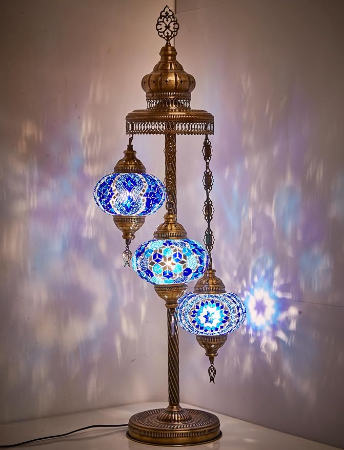 DEMMEX Turkish Moroccan Mosaic Floor & Table Lamp – Handmade Boho Tiffany-Style Light with 3 Large 7" Globes, Artisan Decor, 37" (95cm) Tall, Antique Brass Finish, North American Use (Blue)