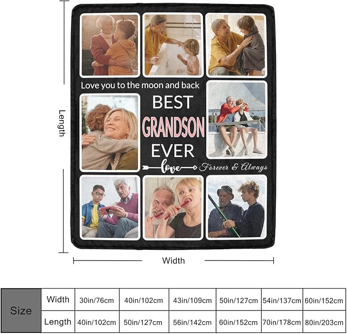 Gifts for Grandson Customized Blanket with Photo, Make a Personalized Blankets with Picture Custom Memories Souvenir Sublimation Throw Blanket for Best Grandson Ever, 8 Collage Made in USA