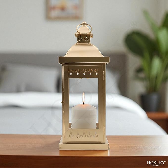 Hosley 15 Inch High Large Clear Glass Iron Classic Style Lantern Gold. Ideal Gift for Parties Weddings Aromatherapy and LED Spa Settings 05