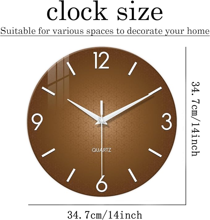 XFM Modern Glass Wall Clock for Living Room 14 Inch Brown | Silent Non-Ticking Battery Operated Simple Minimalist Decorative for Farmhouse Kitchen Home Office