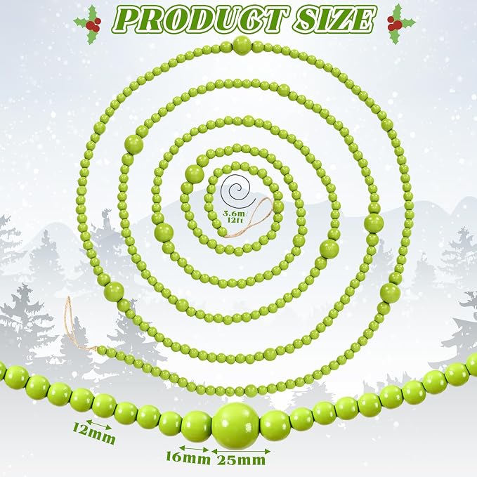 12 Feet Summer Christmas Wooden Beads Garland Round Craft Farmhouse Vintage Christmas in July Wood Bead Garlands for Xmas Supplies(Green)