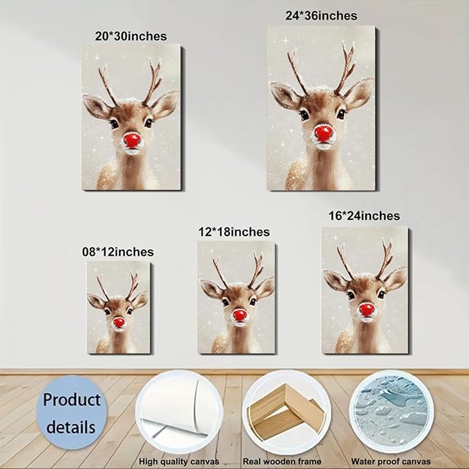 FLZYKGPA Funny Red Nose Deer Pictures Wall Decor Prints 20x30in, Cute Christmas Wall Art Decorations for Home Kitchen Bedroom Bathroom Living Room Office, Winter Cabin Canvas Decor