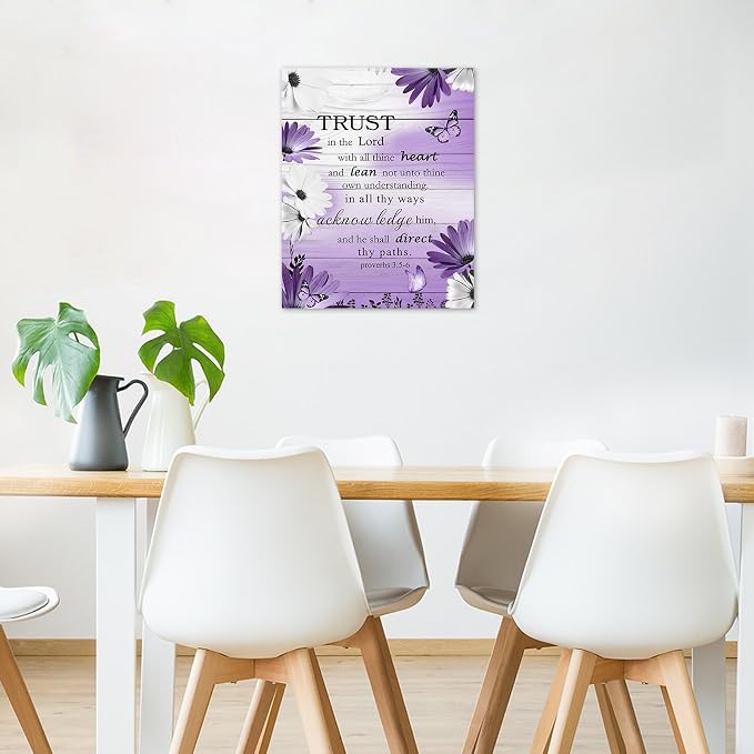 LB Rustic Purple Floral Wall Art for Bathroom Bible Verse on Vintage Grey Wood Canvas Wall Art Wall Paintings Home Decor Daisy Wall Pictures for Living Room Bedroom Office Ready To Hang,12x12 Inch