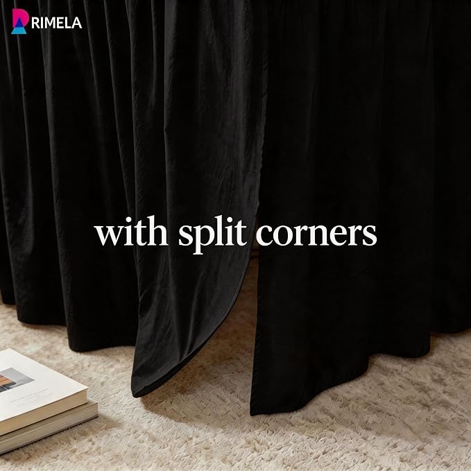 Dorm Room Bed Skirt Twin XL 42" Drop, College Split Corner Bedskirt, Black | Solid ruffled, Wrap-around/elastic, Wrinkle & Fade resistant, with Adhesive Strips, Gift Packed, Machine Wash/Tumble Dry/Iron