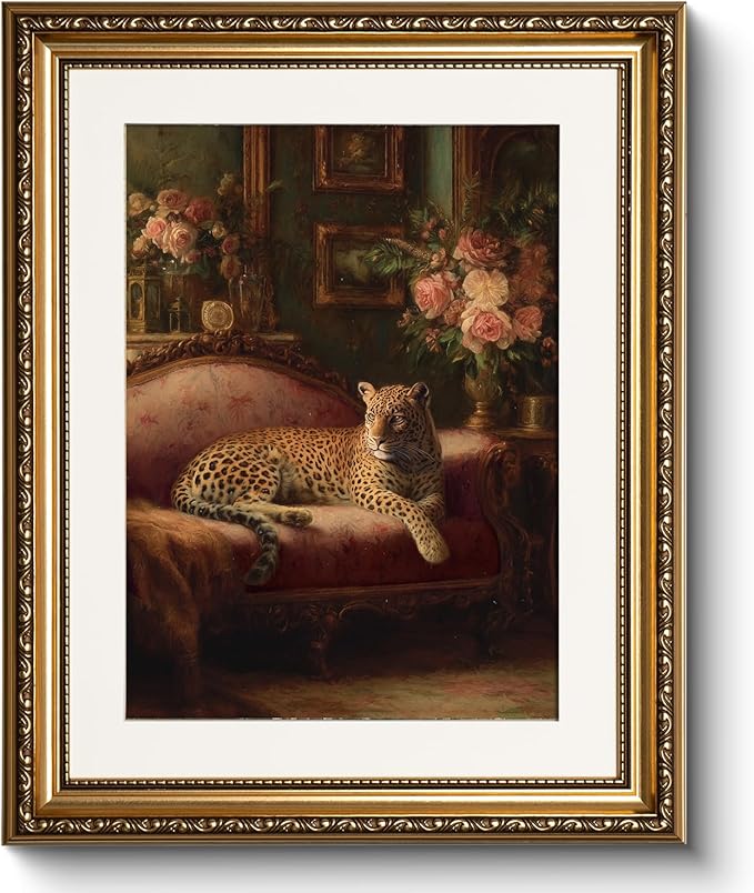 Vintage Leopard Framed Canvas Wall Art 13x16 Inch, Ornate Gold Frame Cheetah Resting on Sofa Artwork, Classic Animal Pet Oil Painting Print Traditional Living Room Bedroom Gallery Home Decor
