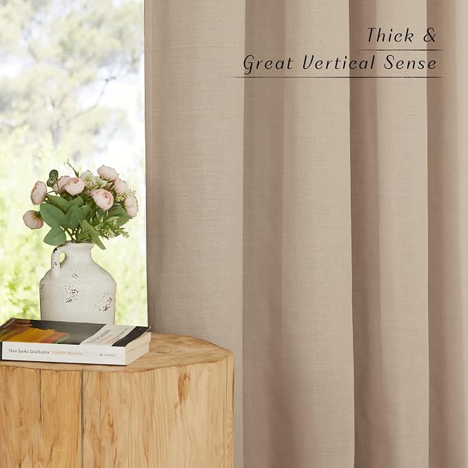 NICETOWN Thick Linen Curtains for Bedroom, Rod Pocket & Back Tab Vintage Flax Semi-Sheer with Light Filtering Curtains & Drapes Privacy Assured for Living Room, Camel, W55 x L84, 2 Pieces