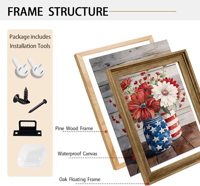 American Flag Framed Canvas Wall Art, 4th of July Patriotic Canvas Prints | Flowers and Stripes Poster Print, Independence Day Wall Decor for Bedroom Living Room Dining Room Office 6×8in