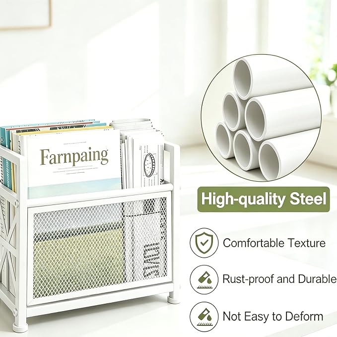 Large Magazine Rack Floor Stand, Metal White Magazine Holder Floor,14" Mesh Magazine File Holder Storage Basket Shelf Box Bin Folder Organizer for Magazines, Books, Newspapers, Tablets