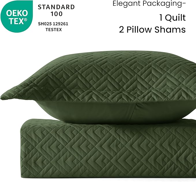 EXQ Home King Size Quilt Set Squares Pattern Bedding Set Olive Green | Soft Microfiber Bedspread, Breathable & Wrinkle-resistant Coverlet. All-season Use for Hot Sleepers. 3-pc Set with 2 Shams