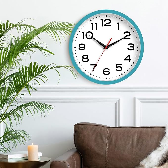 Roymnie 8 Inch Small Wall Clock, Battery Operated Silent Non Ticking Blue | analog wall clock; bold numerals for easy reading; silent non-ticking; 1 AA battery (not included); for classroom
