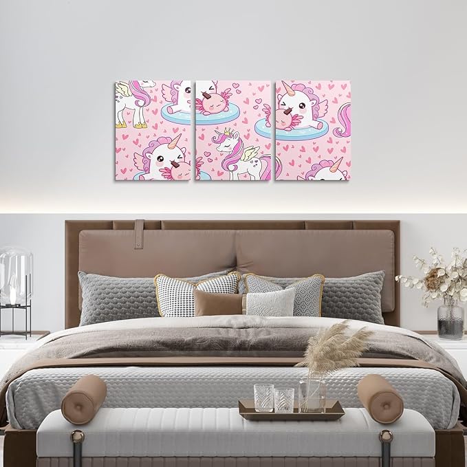 Feelyou Kids Unicorn Wall Painting Posters and Prints Cute Axolotl Picture Wall Decor Kawaii Animal Canvas Wall Art for Living Room Bedroom Boys Girls Rainbow Teens Bathroom Wall Art 12"x16"x 3Pcs