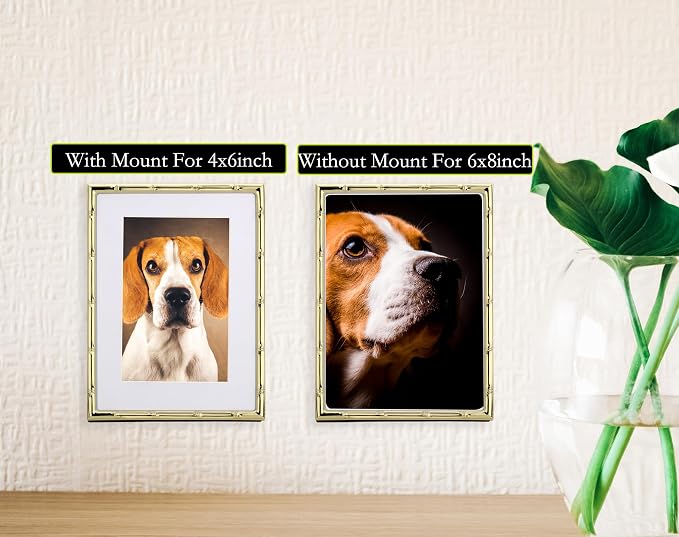 YiPinYin 6x8‘’ Bamboo Detail Gold Metal Picture Frame 2pack,6x8'' Gold Plated Photo Frames Mat for 4x6‘',with Soft Velvet Backing for Desktop and Wall Décor