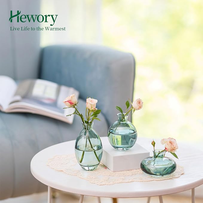 Glass Bud Vases Set of 6, Hewory Cute Green Small Vases Handmade, Mini Glass Flower Vase for Floral Arrangements, Tiny Centerpiece for Home Office Wedding Party Events Table Decor (Not Include Flower)