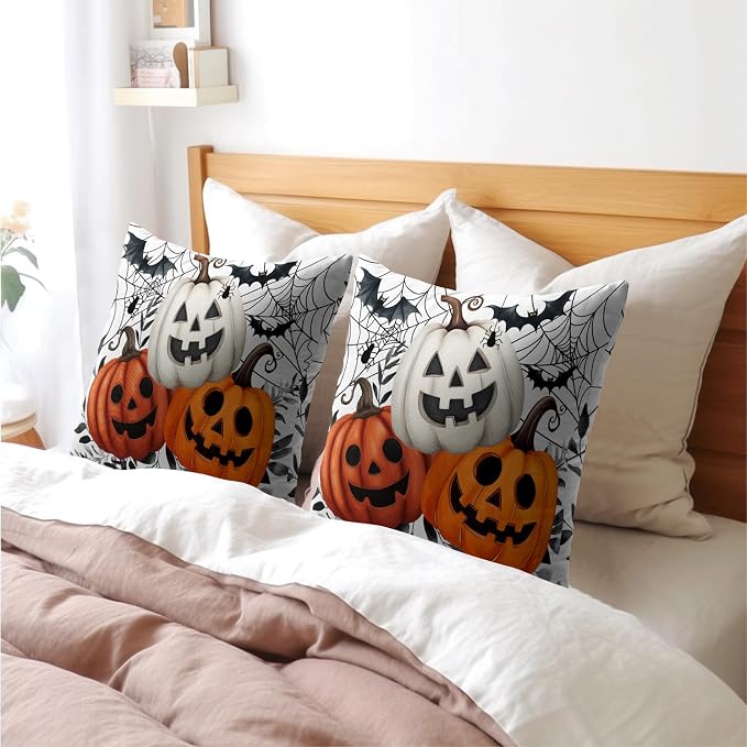 Halloween Pumpkins Throw Pillow Covers 18x18 Inch Pumpkin Jack-O-Lanterns with Black Bat Web Decorative Holiday Pillow Case Cotton Linen Fall Farmhouse Cushion Cover for Home Sofa Couch