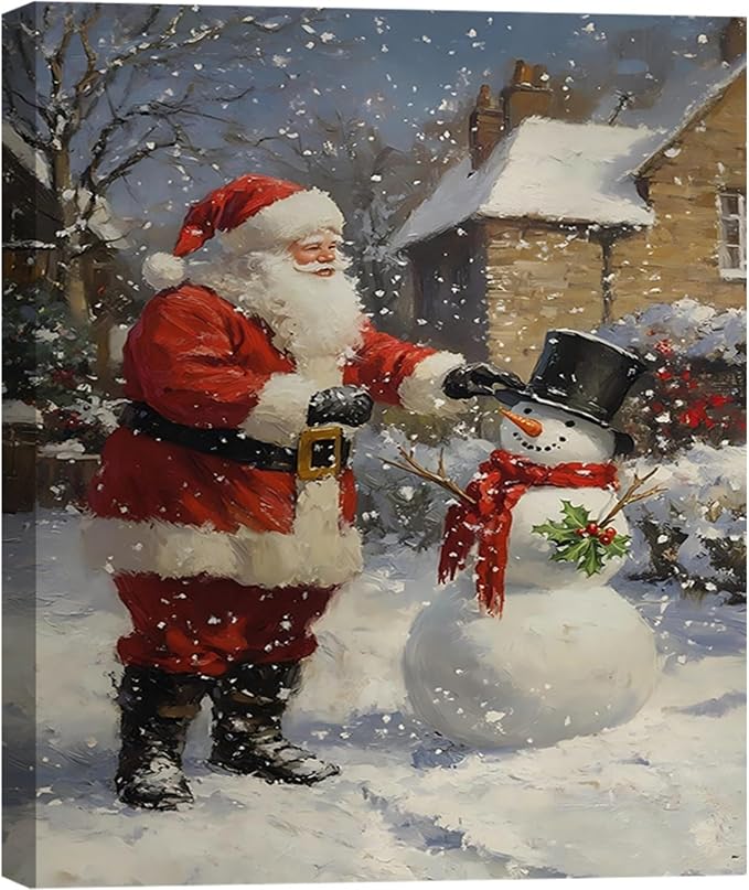 FLZYKGPA Christmas Wall Art Prints 24x36, Winter Christmas Picture Wall Decor Santa Snowman Canvas Artwork for Bathroom, Snow Scene Street Aesthetic Posters for Bedroom, Christmas Holiday Decor