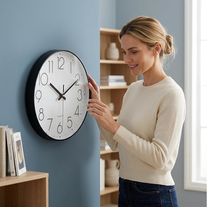 jomparis Black Wall Clock 13 1/2 Inches Silent Non Ticking Battery Operated Quartz Modern Decorative Round Wall Clock