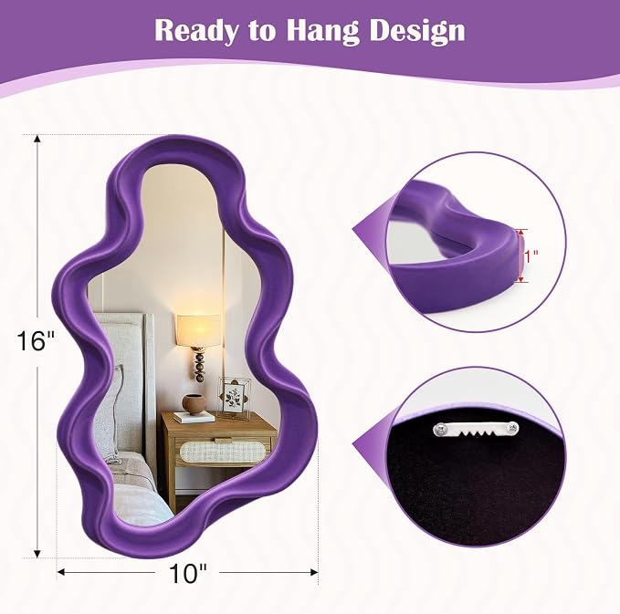 Purple Wavy Cloud Wall Mirror for Girly Bedroom Dorm Vanity Decor | 16x10",Soft Velvet-like Touch,Funky Decorative Mirrors for Modern Vintage Home Office Living Room Housewarming Birthday Gift