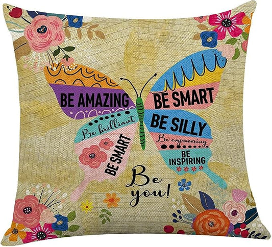 Littlefa Bright Colorful Throw Pillow Cover Butterfly Decorative Pillowcase | Boho Throw Pillow Cover with Inspirational Saying, 18×18 In
